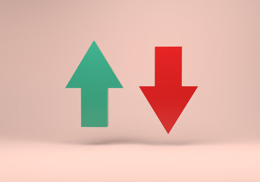 3d Render Of Green Up Arrow And Red Down Arrow On Pink Background