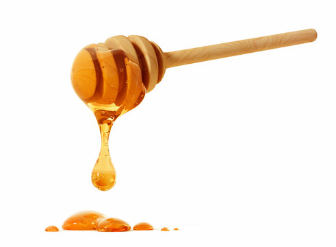 Fresh honey dripping from wooden honey dipper on white background - 3D illustration	
