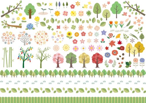 花や植物のアイコンやラインのセット