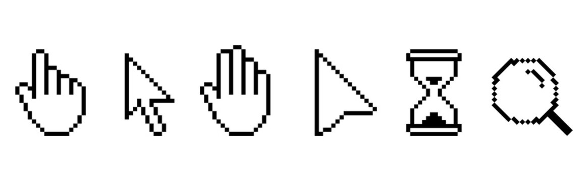 Pixel cursors icons - mouse cursor, hand pointer, hourglass. Vector illustration.
