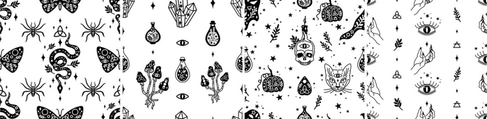 Halloween black and white vector seamless patterns set
