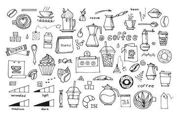 Large set of hand drawn coffee doodles: drinks, desserts, beans and other related objects. Vector sketch illustration.