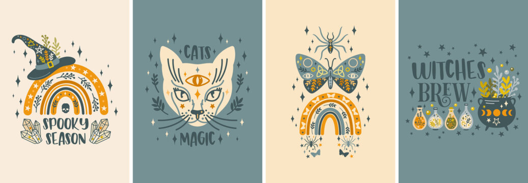 Halloween mystical cards vector set