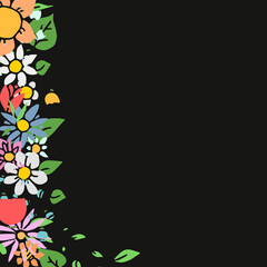 Colored vector flowers icons with place for text. Doodle vector frame with flowers icons