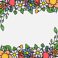 Fototapeta premium Colored vector flowers icons with place for text. Doodle vector frame with flowers icons