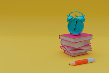 3d illustration of a clock over books and a pencil copy space, 3d rendering