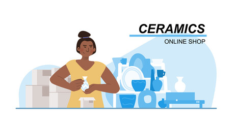Pottery shop vector illustration concept. Female florist with new pots, vases, plates and mugs for sale. Small local business online. Template for website banner, advertising campaign