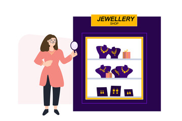 Jewelry shop vector illustration concept. Store owner next to open shop handmade earrings and necklaces. Small local business. Template for website banner, advertising campaign