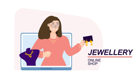 Jewelry shop vector illustration concept. Store owner in open laptop with earrings in hand. Small local business online. Template for website banner, advertising campaign