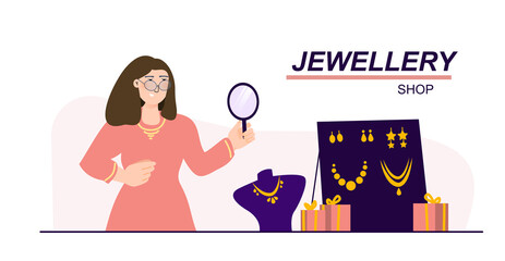 Jewelry shop vector illustration concept. Goldsmith in the store with gold earrings and necklaces. Small local business online. Template for website banner, advertising campaign