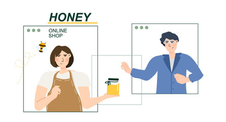 Honey shop vector illustration concept. Beekeeper giving Jar with honey to a customer. Small local business online. Template for website banner, advertising campaign
