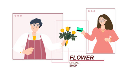 Flower shop vector illustration concept. Florist giving bouquet to a customer. Small local business online. Template for website banner, advertising campaign
