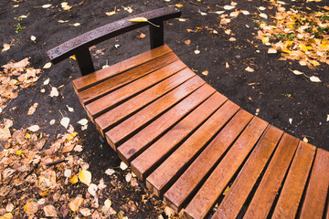 Wooden bench in autumn park after rain. Place of breath of townspeople. Walk in fresh air on cloudy day - 501914654