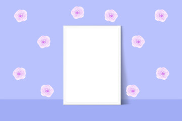 white frame mockup A4 on purple background, 3D rendering