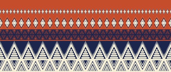 Seamless in tribal, folk embroidery, native ikat fabric. Ethnic pattern design for background, carpet, wallpaper, clothing, Batik, curtain, fabric, rug, shawl, bag, mug. Neck scarf, kerchief pattern.