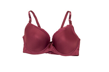 purple woman elegant lace bra isolated on white. Stylish lingerie flat lay