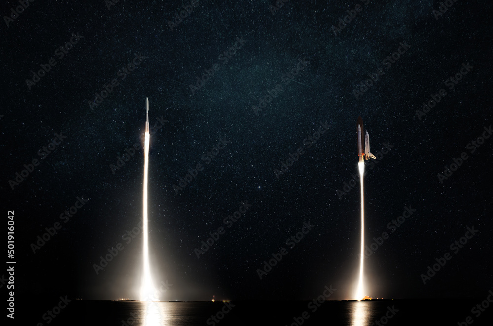 Aufkleber Two blast-off space rockets take off into the starry sky. Space shuttles and spaceship successful launch on space mission and colonization of mars