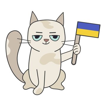 Cute cat with the flag of Ukraine.Doodle cat with Ukrainian flag. Vetor. Gray cat. Ukrainian. isolated illustration on white background.