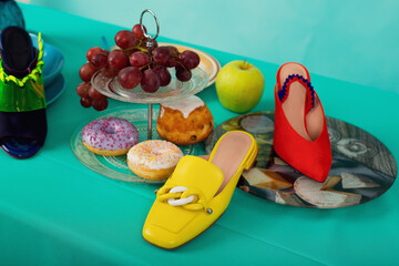 Still life fashion food sweets fruit cake shoes sneakers bags set
