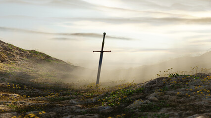 Sword in stone with heavenly rays of sunlight piercing clouds on silent hill, respect for the fallen or call to arms for battle and fight motivational but scenic fantasy 3D rendering. © Everlasting Dreams