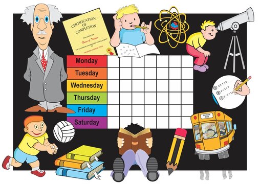 School classroom timetable with amazing drawing surroundings back to school concept week days blank text space lessons class time cartoon vector illustration hang it student desk room or at door