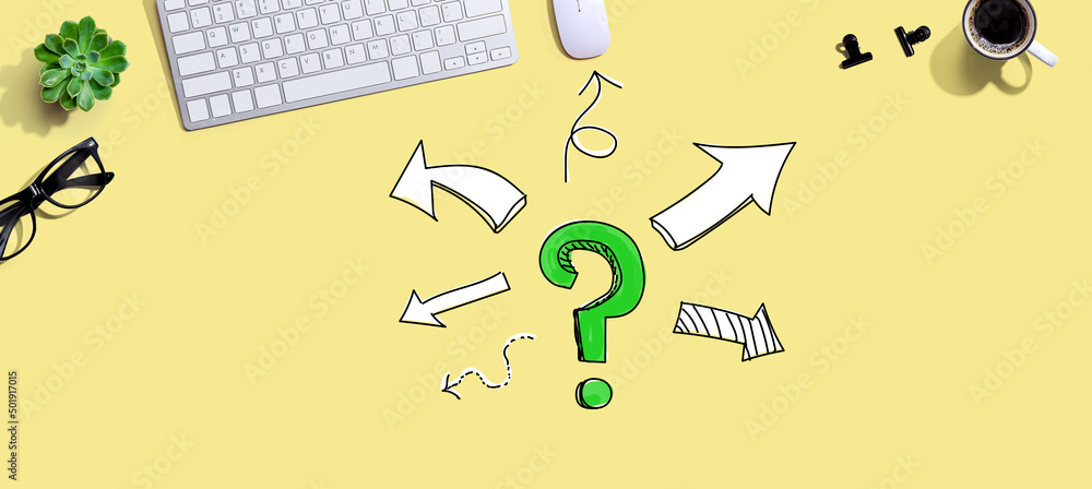 Poster question mark with arrows with a computer keyboard and a mouse