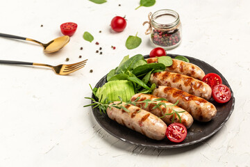 Delicious sausages grilled, Ketogenic diet. Healthy fats, clean eating for weight loss. Keto paleo diet menu. top view