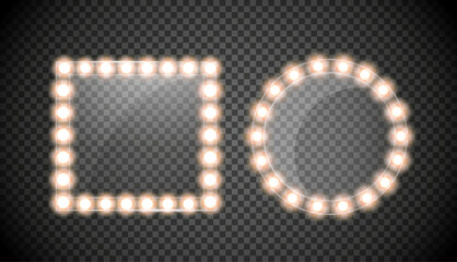 Makeup mirror isolated with gold lights. Vector square and round frames illustration