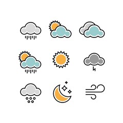 Obraz premium Weather flat vector icons set. Weather forecast icons