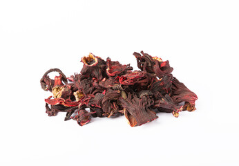 Hibiscus tea isolated on white background. Dry tea leaves in a heap on a white background.