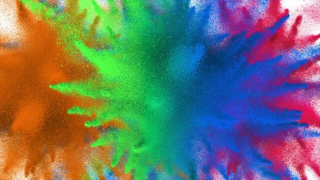 Colourful powder explosion with white background. Slow motion of colourful particles