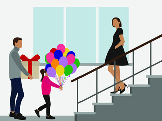 Male character with gift box and little girl with balloons walking towards female character standing on the stairs