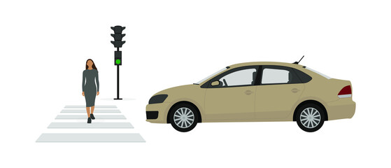 Female character walking on a pedestrian crossing on a green traffic light signal in front of a car on a white background