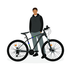 A male character is standing near a bicycle on a white background