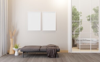 Mock up frame in living room scandinavian style ,Minimalist modern living room interior background.3d rendering