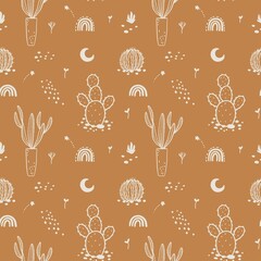 Vector boho cactus seamless pattern. Plants in a flower pot and succulents. Warm color illustration.
