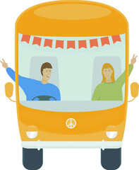Camping van with a couple on holiday.  Bus with cheerful people showing victory sign. Vector illustration