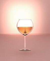 3d illustration of a full glass of white wine in the center of the image on a plain pinkish background