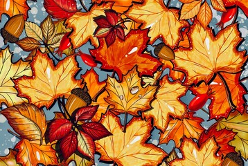 Fototapeta premium Autumn leaves background in red and yellow color, pattern, seamless texture. Hand drawn, autumn leaves illustration
