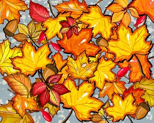 Autumn leaves background  in red and yellow color, pattern, seamless texture. Hand drawn, autumn leaves  illustration