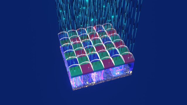 Back-illuminated sensor principle demonstration, microlences, photodiodes, colour bayer filters 6x6, metal wiring. With rays of light from top. 3D rendering