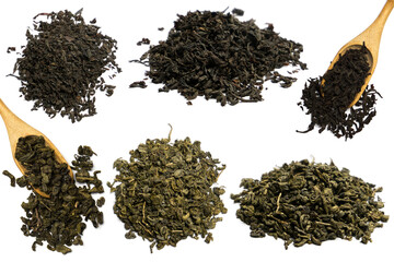 green and black tea isolated on a white background