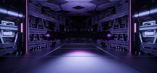 Abstract neon glow background, geometric background with polygonal structure, cyber space virtual reality, Podium show products, place for product, colored neon lights, retro sci-fi style 3D render © lumerb