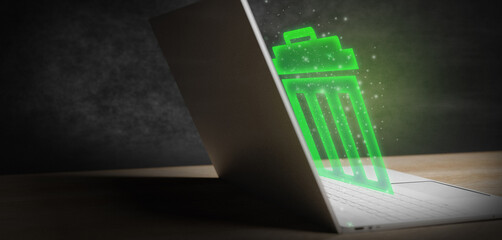 Laptop With Glowing Hologram Trash Bin Icon. Trash Can. Deleting Data. 3D Render © lumerb