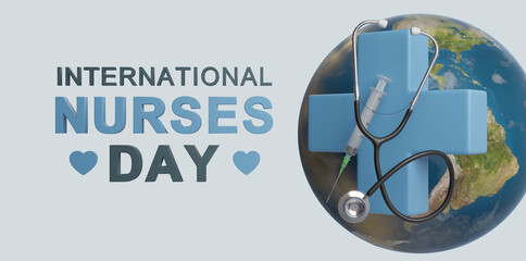 international nurses day horizontal banner design background with earth and stethoscope 3d Render