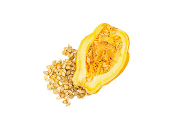 Ripe yellow pumpkin with seeds isolated on white background. Half squash, festive decorative element