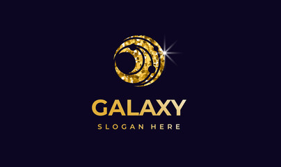 Galaxy golden glitter Logo creative modern concept design premium. Orbits planets in round icon for logo IT, concept design from space exploration, astrology. Vector illustration © Елена Рябцева