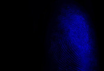 Fingerprint of one finger with skin pattern, blue light isolated on black background with copy...