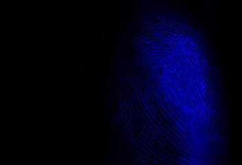 Fingerprint of one finger with skin pattern, blue light isolated on black background with copy...