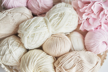 Skeins of yarn, knitting needles, accessories for knitting. Handmade, hobby